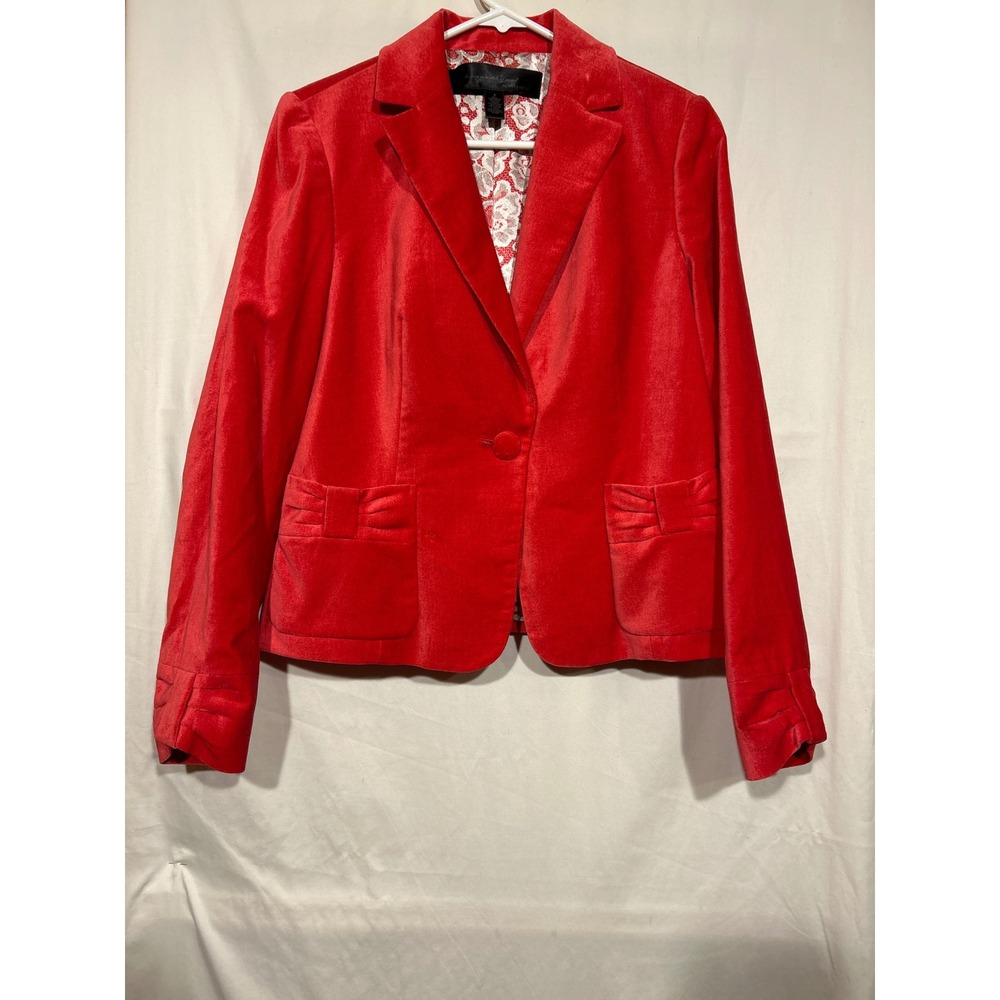 Red Velvet Blazer Bow Cuffs Women Size 8 Floral Lining One Button Apostrophe